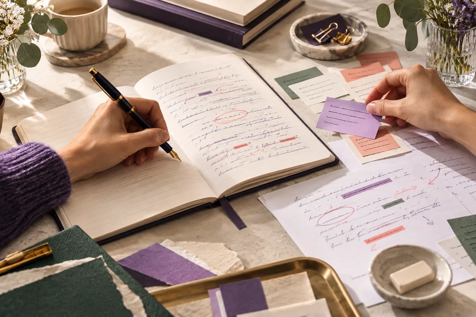 Atelier d’écriture avec cahier, feuilles annotées et cartes de méthode