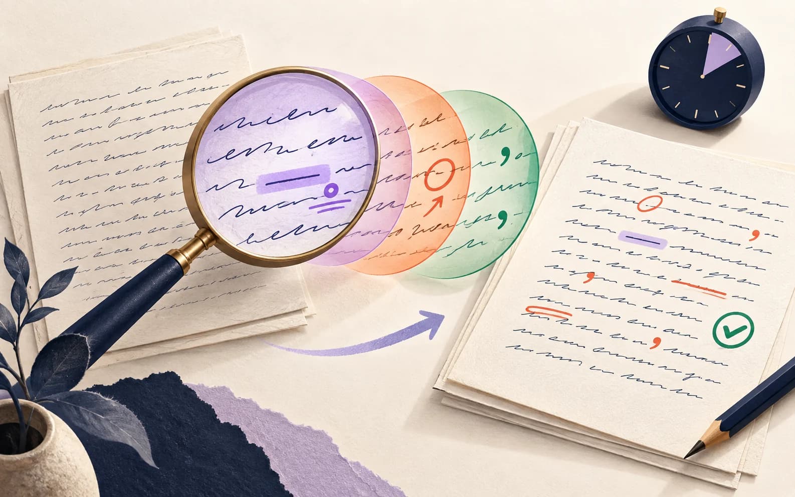 Une copie relue en plusieurs passages à l’aide d’une loupe.